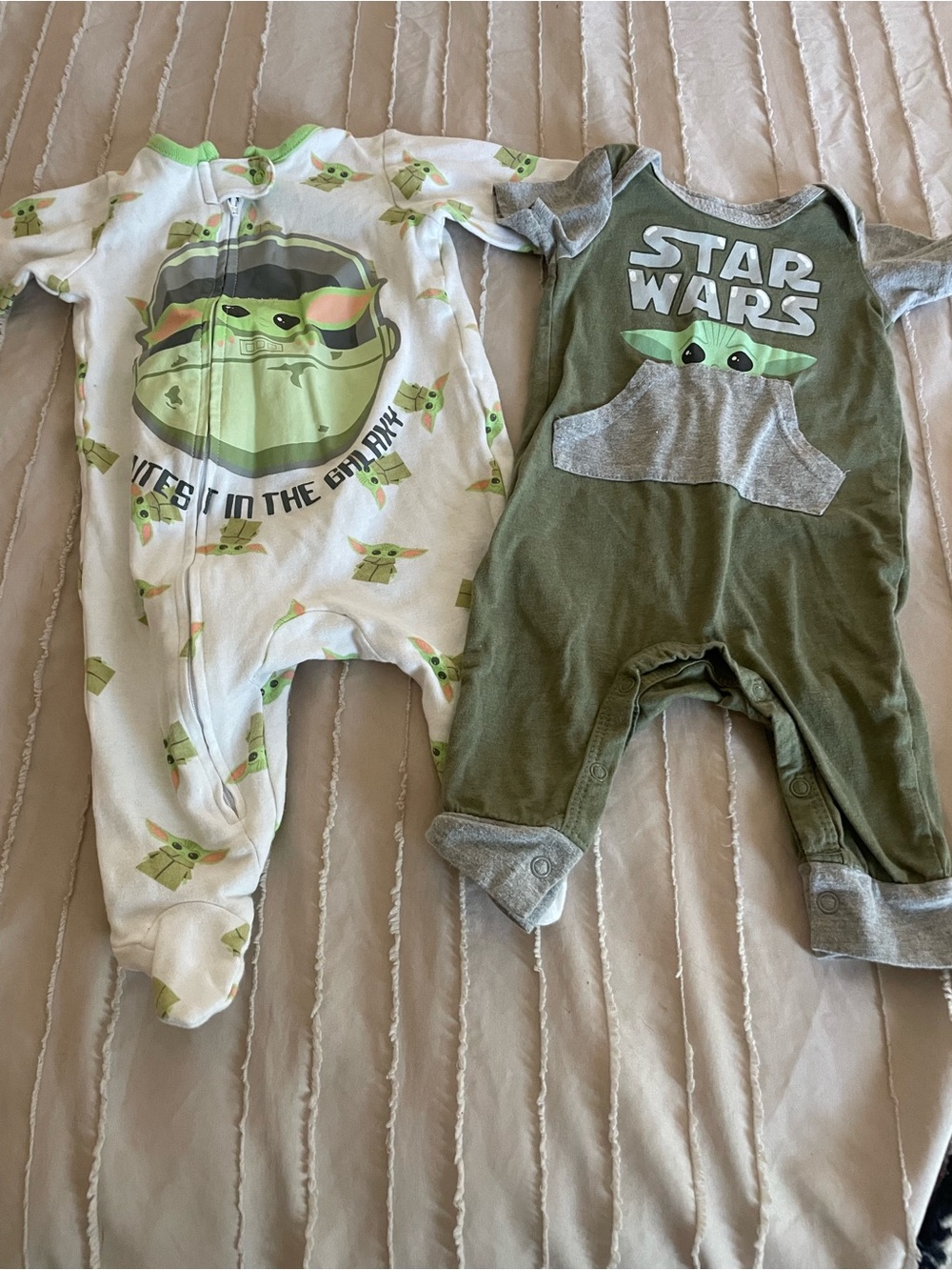 2 Star Wars Green & White Baby One-Pieces with Grogu Size 3/6 Months
